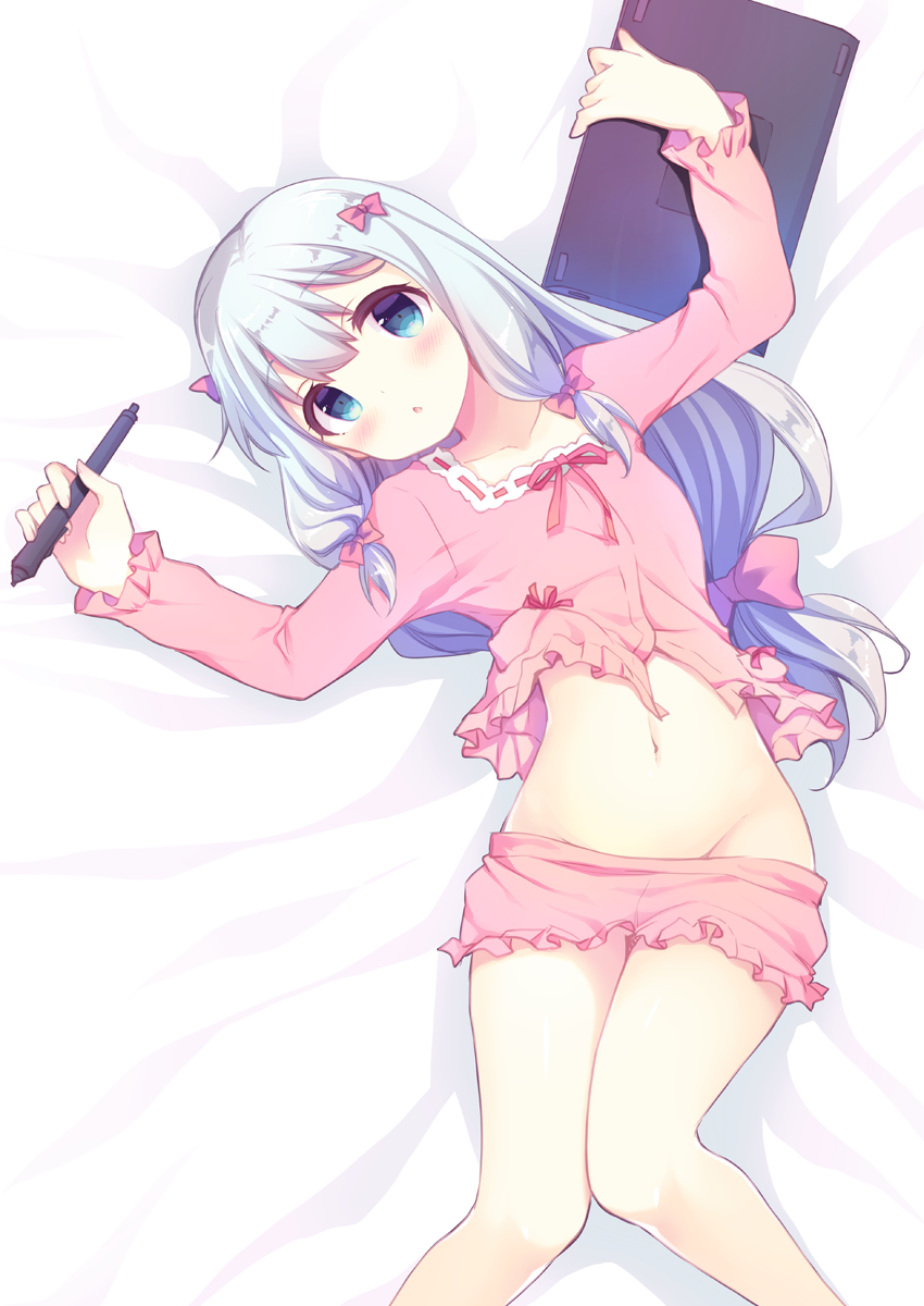 :o arms_up bangs bed_sheet blue_eyes blush bow collarbone commentary_request drawing_tablet eromanga_sensei eyebrows_visible_through_hair frills from_above groin gunp hair_bow head_tilt highres holding izumi_sagiri knees_together_feet_apart long_hair long_sleeves looking_at_viewer looking_down low-tied_long_hair lying navel on_back open_mouth pajamas pink_bow ribbon_trim shorts shorts_pull simple_background solo stomach stylus tareme thighs very_long_hair