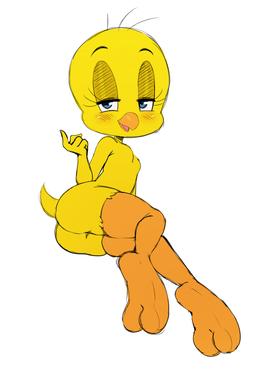 anthro avian beckoning bedroom_eyes bird blush butt eyelashes girly hair half-closed_eyes looking_at_viewer looney_tunes lying male open_mouth presenting seductive simple_background solo sssonic2 thick_thighs tweety_bird warner_brothers