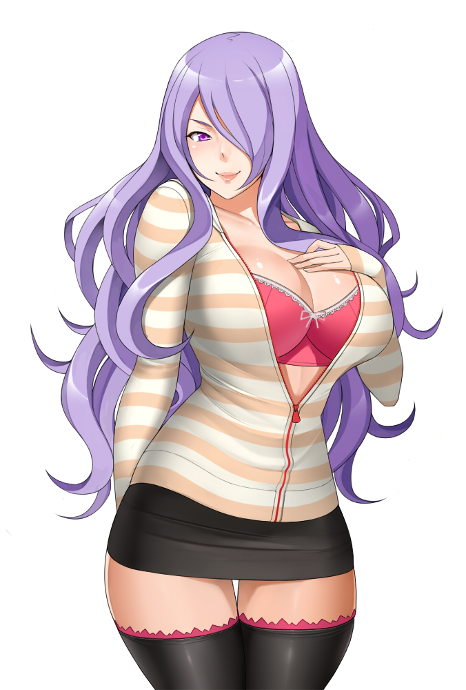 alternate_costume black_legwear black_skirt blush bow bow_bra bra breasts camilla_(fire_emblem_if) cardigan cleavage closed_mouth commentary cowboy_shot curvy fire_emblem fire_emblem_if hair_over_one_eye large_breasts lips long_hair long_sleeves looking_at_viewer metalbolic miniskirt naughty_face open_cardigan open_clothes pink_bra purple_eyes purple_hair shiny shiny_clothes shiny_skin skirt smile solo thighhighs thighs underwear unzipped wavy_hair zettai_ryouiki