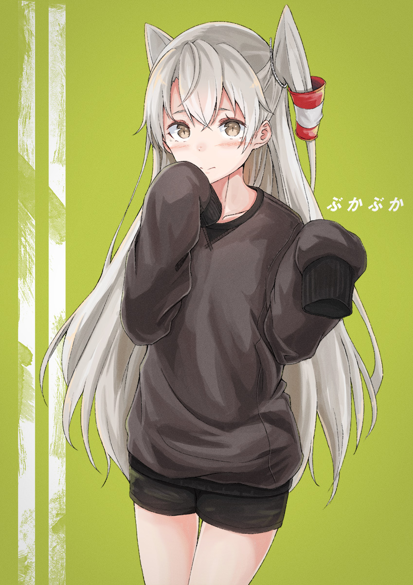 alternate_costume amatsukaze_(kantai_collection) black_shirt black_shorts blush brown_eyes collarbone hair_between_eyes hair_tubes highres kantai_collection long_hair remil shirt shorts silver_hair sleeves_past_wrists solo two_side_up windsock