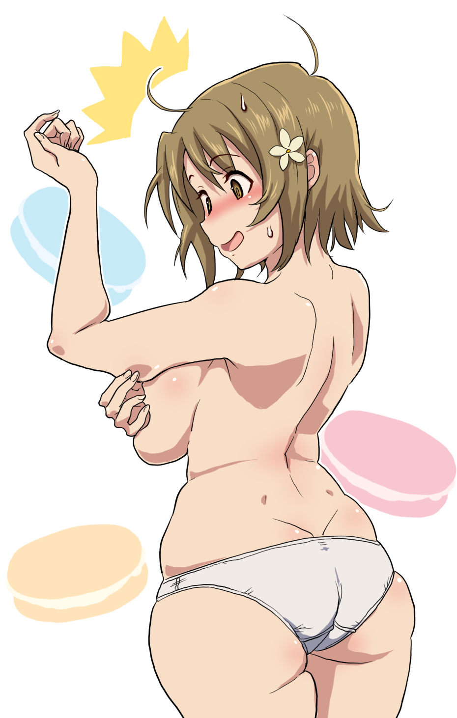 :o ass blush breast_hold breasts covering covering_breasts curvy full_body hair_ornament highres idolmaster idolmaster_cinderella_girls kezune_(i-_-i) large_breasts mimura_kanako open_mouth panties pinching plump short_hair skindentation sweat underwear weight_conscious