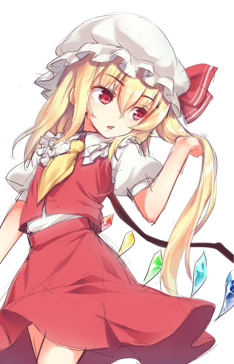 ascot bangs blonde_hair bow cowboy_shot eyebrows_visible_through_hair flandre_scarlet hair_between_eyes hat hat_bow highres holding holding_hair long_hair looking_to_the_side mob_cap open_mouth puffy_short_sleeves puffy_sleeves red_bow red_eyes red_skirt short_sleeves side_ponytail simple_background skirt skirt_set solo touhou usotsuki_penta white_background white_hat
