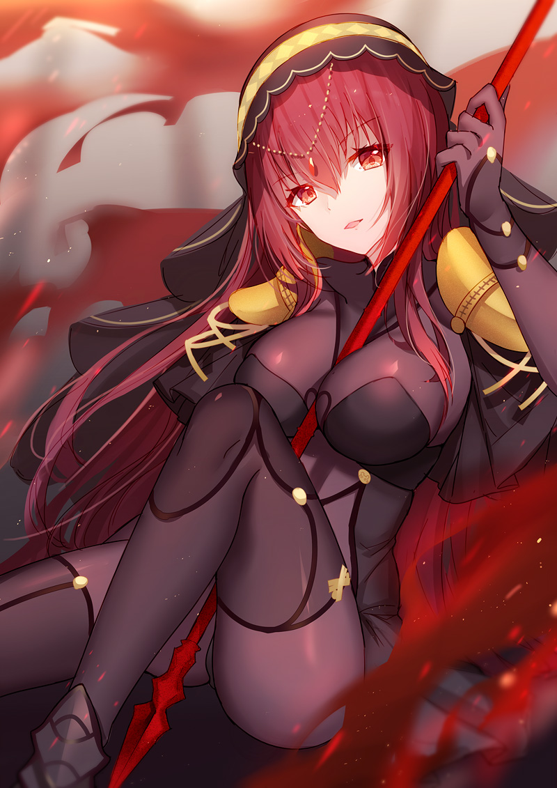 bangs between_breasts bison_cangshu bodysuit breasts commentary eyebrows_visible_through_hair eyes_visible_through_hair fate_(series) gae_bolg gem hair_between_eyes hair_ornament holding holding_weapon large_breasts long_hair looking_at_viewer md5_mismatch parted_lips pauldrons polearm purple_bodysuit purple_hair red_eyes scathach_(fate)_(all) scathach_(fate/grand_order) sitting solo spear very_long_hair weapon