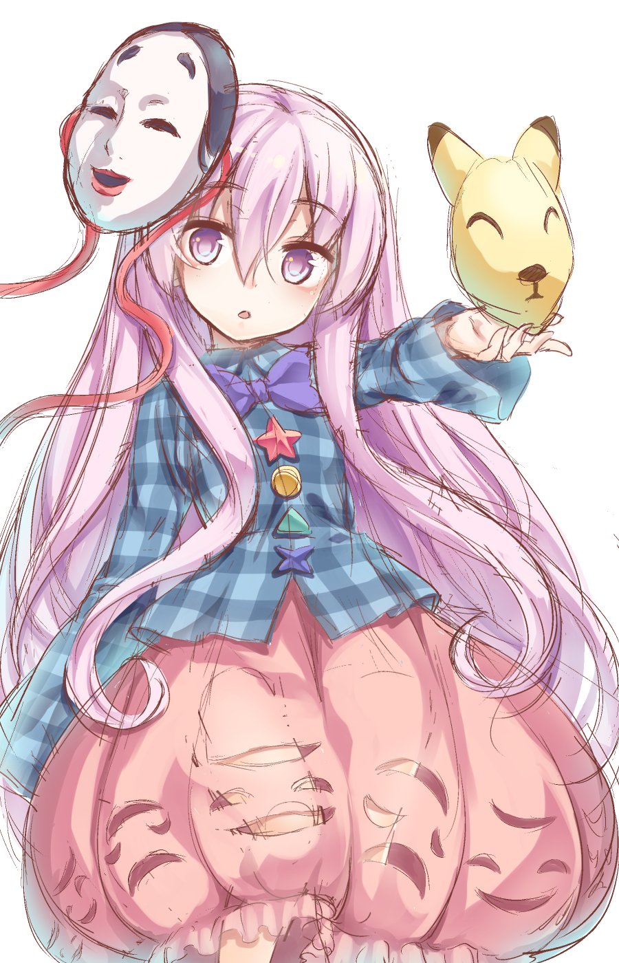 bangs blue_bow blue_neckwear blue_shirt bow bowtie bubble_skirt expressionless eyebrows_visible_through_hair fox_mask hair_between_eyes hata_no_kokoro highres holding holding_mask long_hair long_sleeves looking_at_viewer mask mask_on_head open_mouth pink_eyes pink_hair plaid plaid_shirt shirt sidelocks simple_background skirt solo star touhou usotsuki_penta very_long_hair white_background