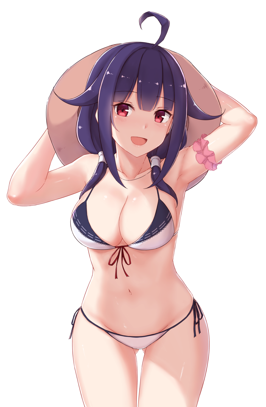 ahoge armpits arms_up ass_visible_through_thighs bangs bikini blush breasts cai_geng cleavage collarbone commentary cowboy_shot eyebrows_visible_through_hair front-tie_top hair_flaps hat highres kantai_collection looking_at_viewer medium_breasts navel open_mouth purple_hair red_eyes simple_background solo standing swimsuit taigei_(kantai_collection) white_background white_bikini
