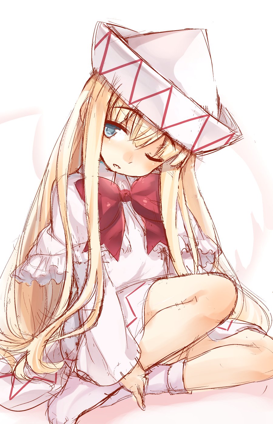 bangs blonde_hair blue_eyes bow bowtie capelet eyebrows_visible_through_hair full_body hair_between_eyes hat highres lily_white long_hair long_sleeves looking_at_viewer no_shoes one_eye_closed open_mouth red_bow red_neckwear sidelocks sitting socks solo touhou usotsuki_penta very_long_hair white_background white_legwear