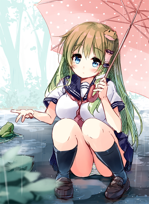 alternate_costume bangs between_breasts blue_eyes blue_skirt breasts brown_footwear day frog frog_hair_ornament full_body green_hair hair_ornament hair_tubes holding holding_umbrella kneehighs kochiya_sanae large_breasts long_hair miniskirt miyase_mahiro neckerchief outdoors panties pantyshot pantyshot_(squatting) pink_umbrella plant pleated_skirt rain red_neckwear sailor_collar school_uniform serafuku shoes skirt snake_hair_ornament solo squatting striped striped_panties tareme touhou umbrella underwear