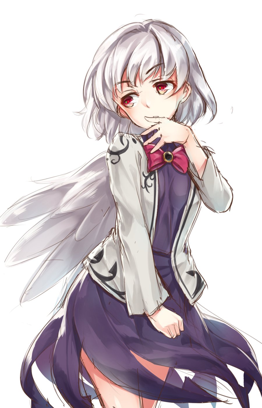 bangs bow bowtie covering_mouth cowboy_shot dress eyebrows_visible_through_hair hand_up highres jacket kishin_sagume long_sleeves looking_to_the_side open_clothes open_jacket purple_dress red_bow red_eyes red_neckwear short_hair simple_background single_wing solo touhou usotsuki_penta white_background white_hair white_wings wings