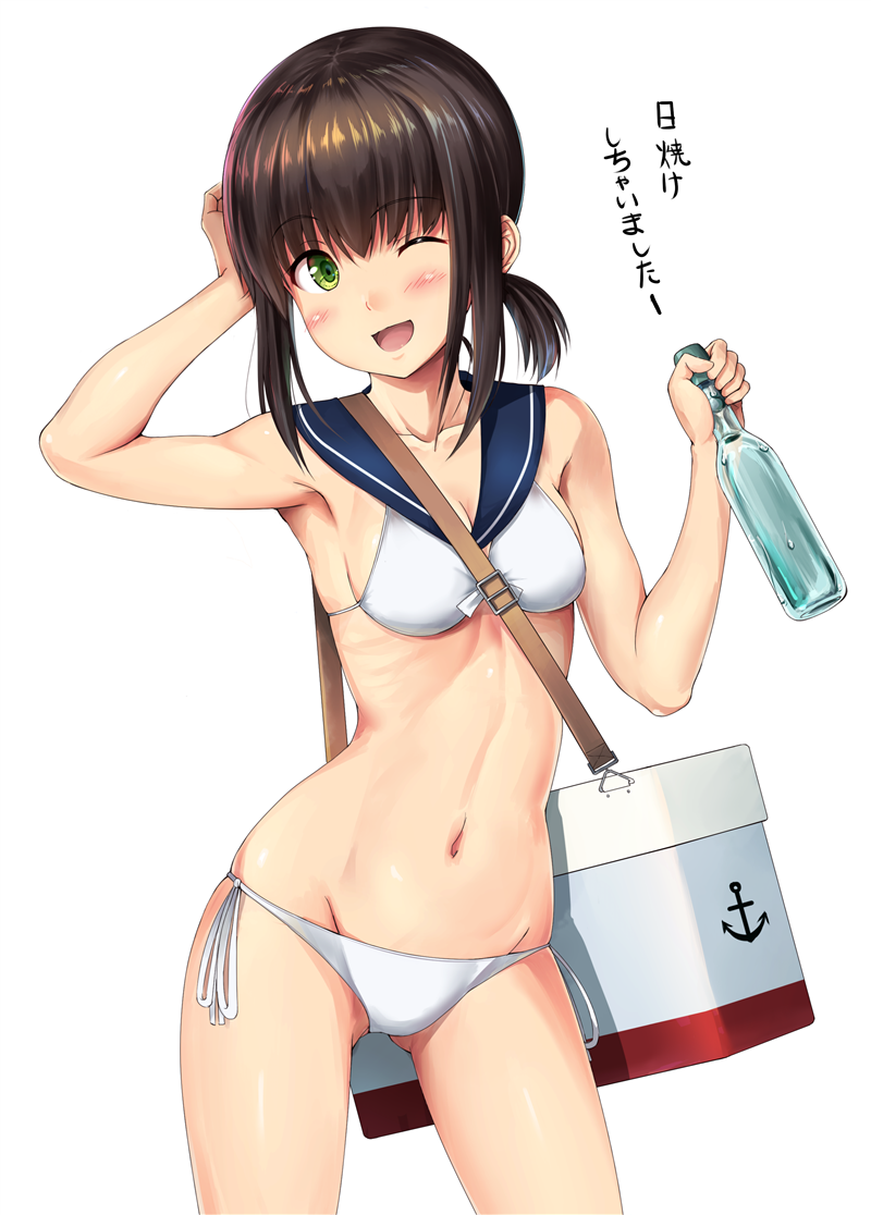 ;d anchor_symbol arm_up armpits ass_visible_through_thighs bikini black_hair blush breasts cleavage collarbone cooler cowboy_shot drink eyebrows_visible_through_hair fubuki_(kantai_collection) green_eyes ichikawa_feesu kantai_collection navel one_eye_closed open_mouth ramune sailor_bikini sailor_collar short_ponytail shoulder_blades side-tie_bikini simple_background small_breasts smile solo swimsuit translated white_background