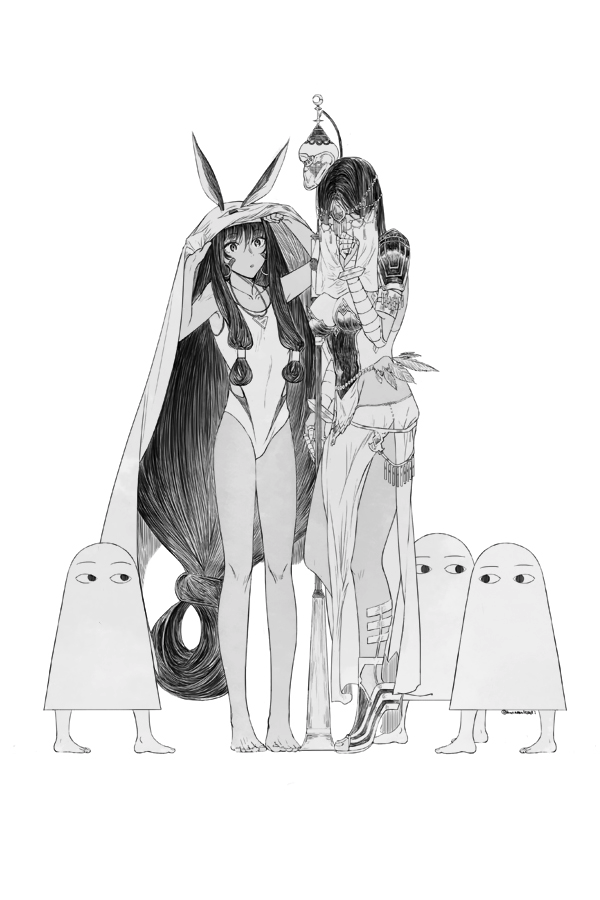 animal_ears barefoot circlet cosplay dark_skin fate/grand_order fate_(series) greyscale jackal_ears jewelry long_hair medjed medjed_(cosplay) monochrome nitocris_(fate/grand_order) nitocris_(swimsuit_assassin)_(fate) nor_(reader13) one-piece_swimsuit profile scheherazade_(fate/grand_order) sidelocks skirt staff swimsuit veil very_long_hair