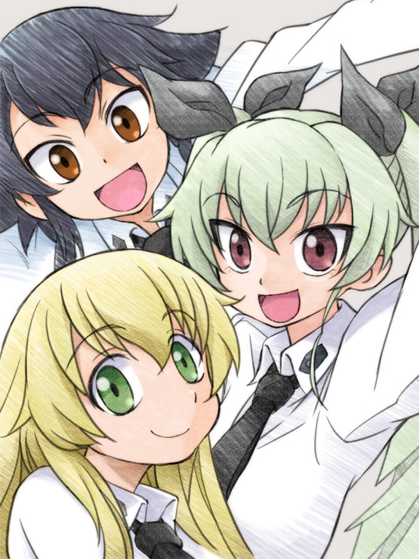 anchovy anzio_school_uniform bangs black_hair black_neckwear black_ribbon blonde_hair braid brown_eyes carpaccio closed_mouth commentary_request coupy_pencil_(medium) dress_shirt drill_hair eyebrows_visible_through_hair girls_und_panzer gofu green_eyes green_hair hair_ribbon long_hair long_sleeves looking_at_viewer multiple_girls necktie open_mouth pepperoni_(girls_und_panzer) portrait red_eyes ribbon school_uniform self_shot shirt short_hair side_braid sketch smile traditional_media twin_drills twintails white_shirt