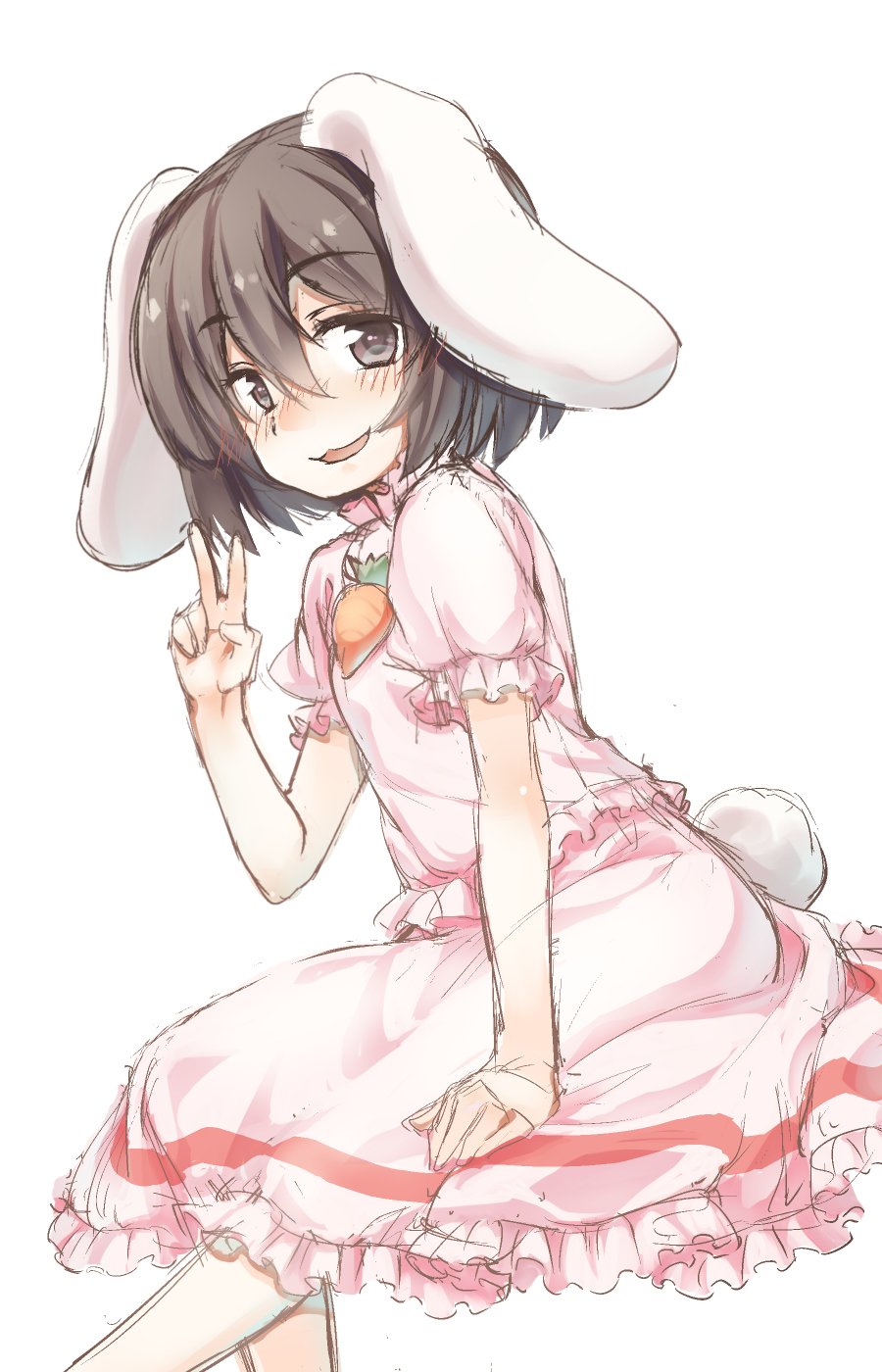 animal_ears bangs black_eyes black_hair blush bunny_ears carrot_necklace eyebrows_visible_through_hair hair_between_eyes highres inaba_tewi looking_at_viewer nose_blush open_mouth short_hair short_sleeves simple_background sitting solo touhou usotsuki_penta v white_background