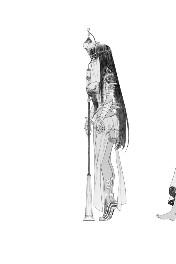 circlet dark_skin fate/grand_order fate_(series) greyscale jewelry long_hair monochrome nitocris_(fate/grand_order) nitocris_(swimsuit_assassin)_(fate) nor_(reader13) profile ring scheherazade_(fate/grand_order) skirt staff thumb_ring veil very_long_hair