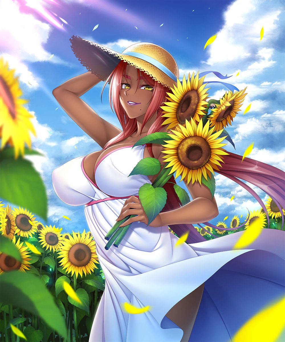 bangs blue_sky breasts cleavage cloud collarbone commentary_request dark_skin day dress flower hat highres holding ingrid_(taimanin_murasaki) kagami_hirotaka large_breasts lipstick long_hair looking_at_viewer makeup mole mole_under_mouth outdoors petals pink_hair sky sleeveless smile solo sun_hat sunflower sunlight taimanin_(series) white_dress yellow_eyes