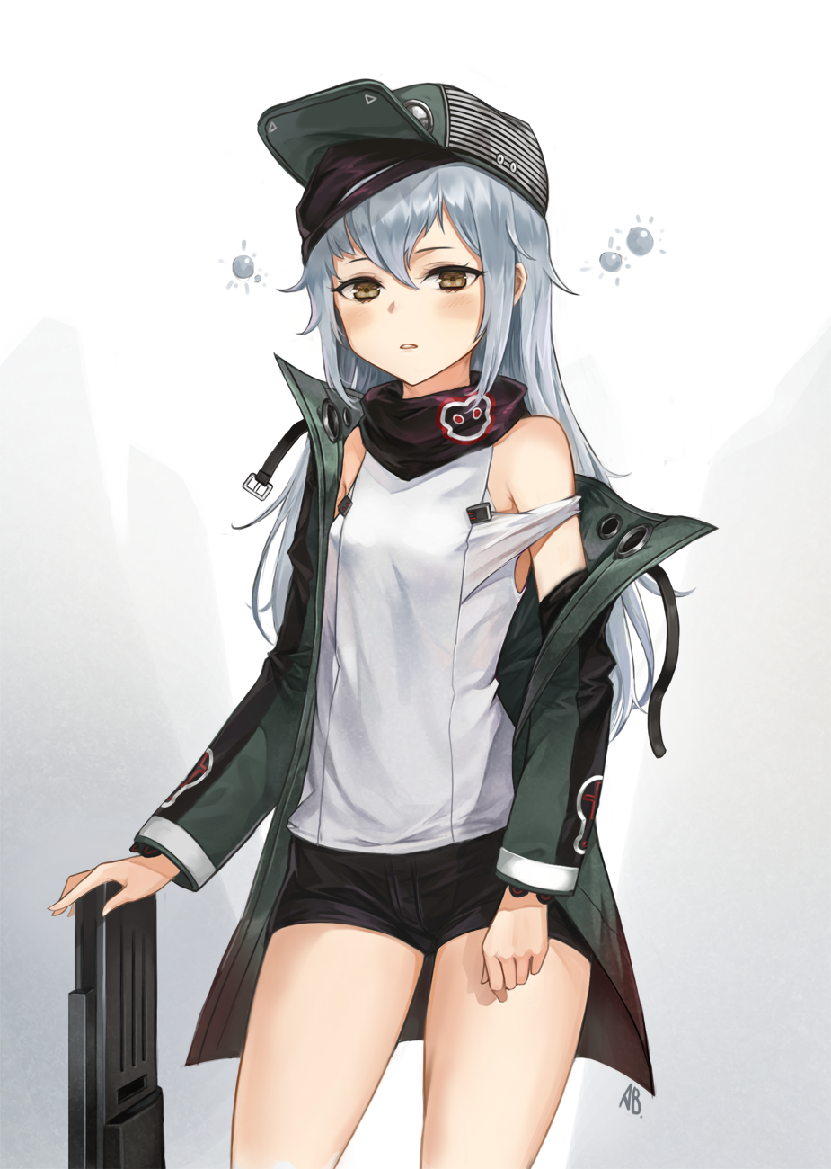 aliceblue assault_rifle bad_id bad_pixiv_id bandana bangs black_shorts blush brown_eyes commentary_request cowboy_shot flat_cap g11 g11_(girls_frontline) girls_frontline grey_hair gun hair_between_eyes hat highres jacket long_hair looking_at_viewer open_clothes open_jacket parted_lips rifle short_shorts shorts silver_hair solo thighs tsurime weapon