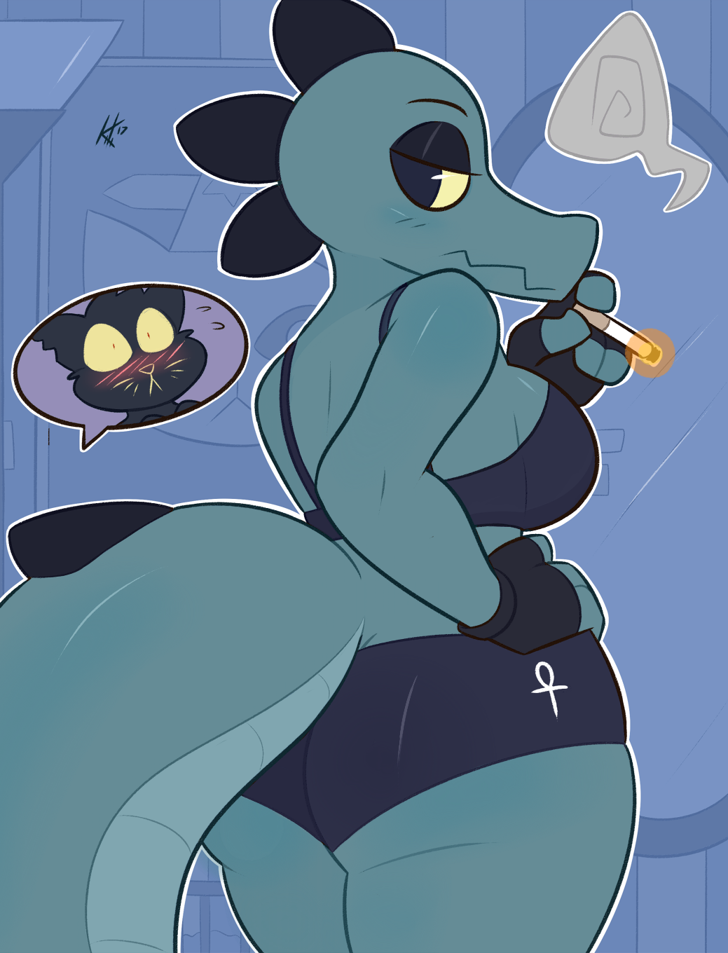 2017 alligator ankh anthro bea_(nitw) blue_background blush breasts butt cat cigarette clothing crocodilian feline female fingerless_gloves gloves kilinah looking_back mae_(nitw) mammal night_in_the_woods reptile scalie side_boob simple_background smoking solo_focus thick_thighs video_games wide_eyed