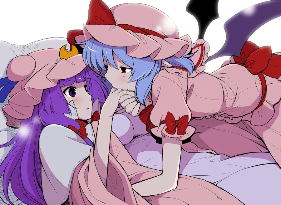 bat_wings blue_hair blue_ribbon blush bow crescent eichi_yuu hair_bow hand_kiss hat hat_bow hat_ribbon kiss long_hair looking_at_another lying mob_cap multiple_girls on_back open_mouth patchouli_knowledge pillow pink_hat pointy_ears purple_eyes purple_hair red_bow red_ribbon remilia_scarlet ribbon short_hair short_sleeves surprised touhou white_background wide_sleeves wings yuri
