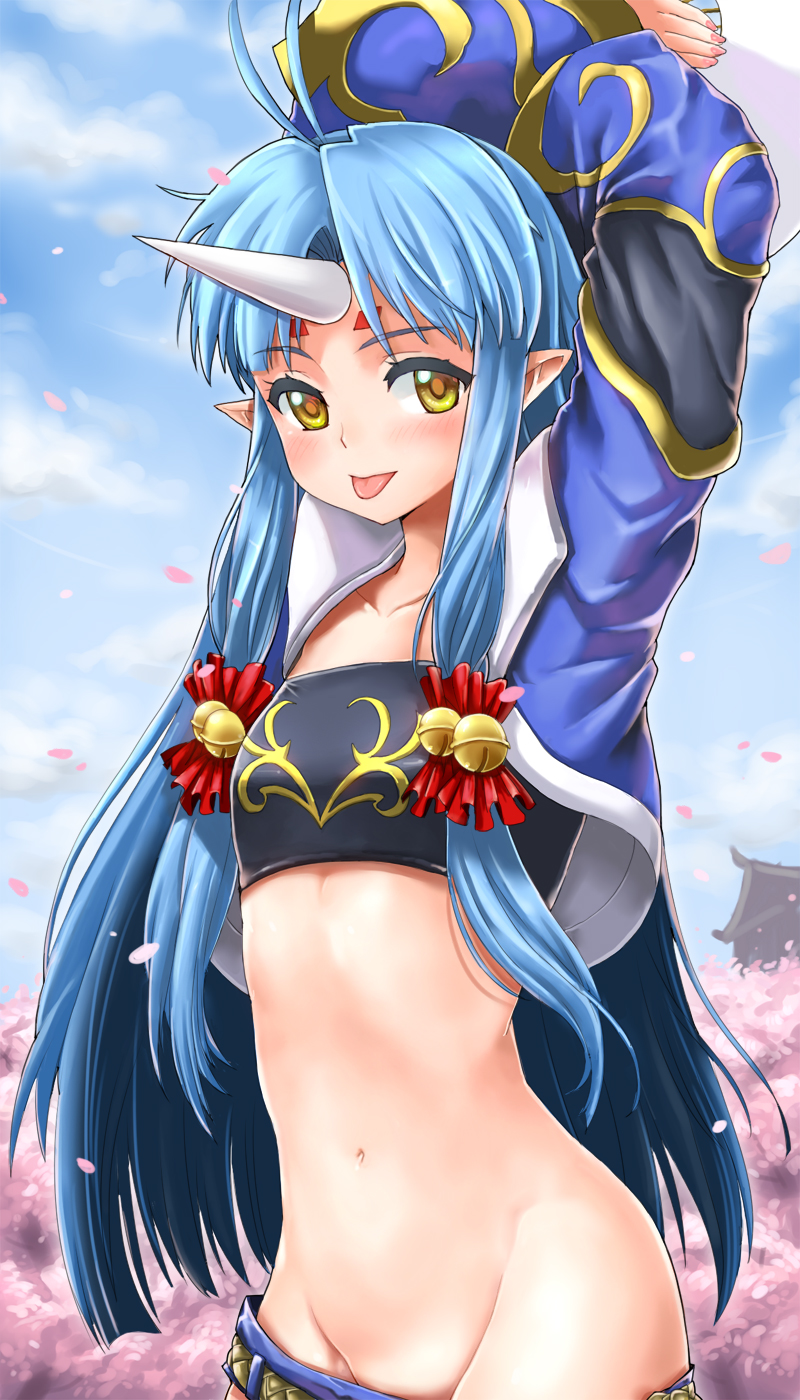 :p antenna_hair arms_up bandeau bangs bell blue_jacket blue_sky blush cherry_blossoms collarbone cowboy_shot cropped_legs day fan groin hair_bell hair_ornament hair_tubes highres holding holding_fan horn jacket jingle_bell long_hair long_sleeves looking_at_viewer nail_polish navel no_panties open_clothes open_jacket outdoors paper_fan parted_bangs petals pink_nails pointy_ears serin199 sky smile solo stomach straight_hair strapless super_robot_wars super_robot_wars_og_saga_mugen_no_frontier suzuka_hime tongue tongue_out uchiwa very_long_hair wide_sleeves yellow_eyes