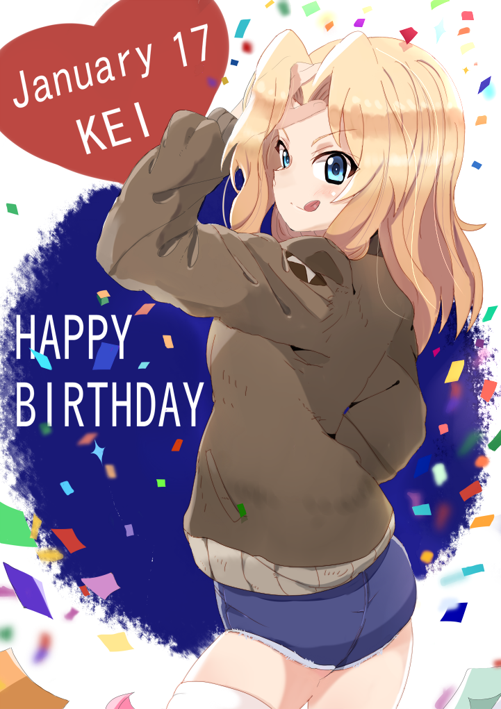 :p adjusting_hair alknasn blonde_hair blue_eyes blue_shorts brown_jacket character_name confetti cowboy_shot dated denim denim_shorts eyebrows_visible_through_hair from_side girls_und_panzer hair_intakes hand_in_pocket happy_birthday heart jacket kay_(girls_und_panzer) long_hair long_sleeves looking_at_viewer military military_uniform saunders_military_uniform short_shorts shorts solo standing star thighhighs tongue tongue_out uniform white_legwear