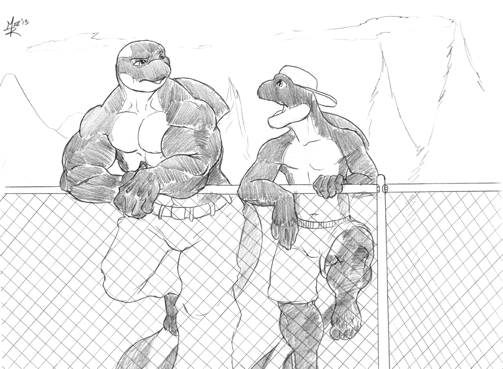2013 anthro backwards_baseball_cap baseball_cap biceps biped black_and_white brother brothers cetacean clothed clothing cloud dorsal_fin duo eye_contact fence fin front_view hat male mammal marine mark_(stripes) modem_redpill monochrome muscular muscular_male navel open_mouth orca outside pants pecs pencil_(artwork) shorts sibling signature topless traditional_media_(artwork) tree whale xavier_(stripes)