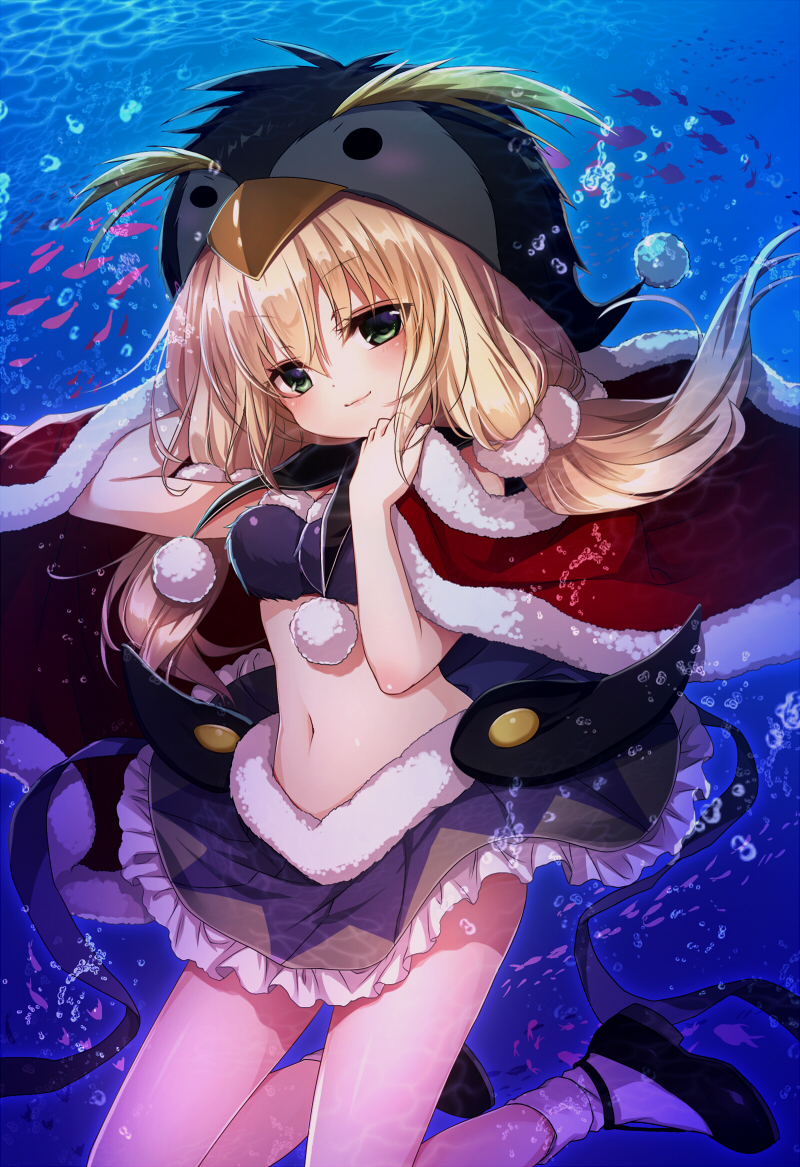 air_bubble animal_hat arm_up bangs bare_arms bikini_top black_footwear black_hat blonde_hair bubble cape closed_mouth commentary_request copen_(gothic_wa_mahou_otome) emia_(castilla) eyebrows_visible_through_hair fish frilled_skirt frills fur-trimmed_cape fur_trim gothic_wa_mahou_otome green_eyes hair_between_eyes hand_up hat long_hair looking_at_viewer miniskirt navel penguin_hat pom_pom_(clothes) purple_bikini_top purple_skirt red_cape shiny shiny_hair shoes sidelocks skirt smile socks solo stomach submerged underwater white_legwear