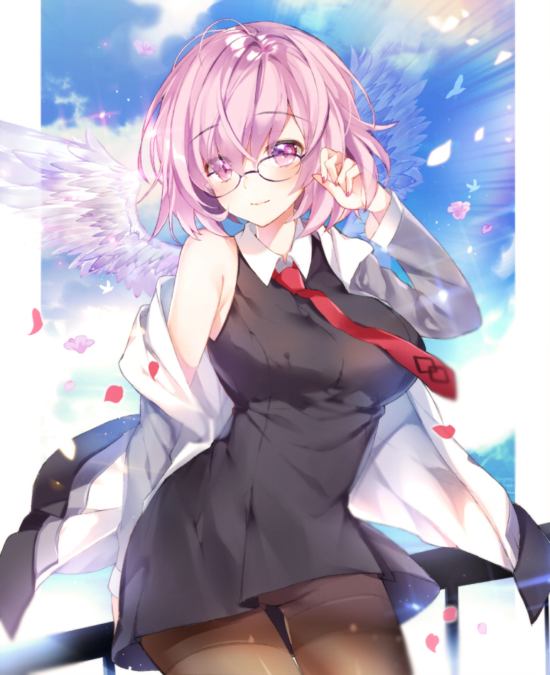 black_legwear blush breasts closed_mouth eyebrows_visible_through_hair fate/grand_order fate_(series) glasses large_breasts looking_at_viewer mash_kyrielight necktie pantyhose pingo purple_eyes purple_hair red_neckwear short_hair smile solo