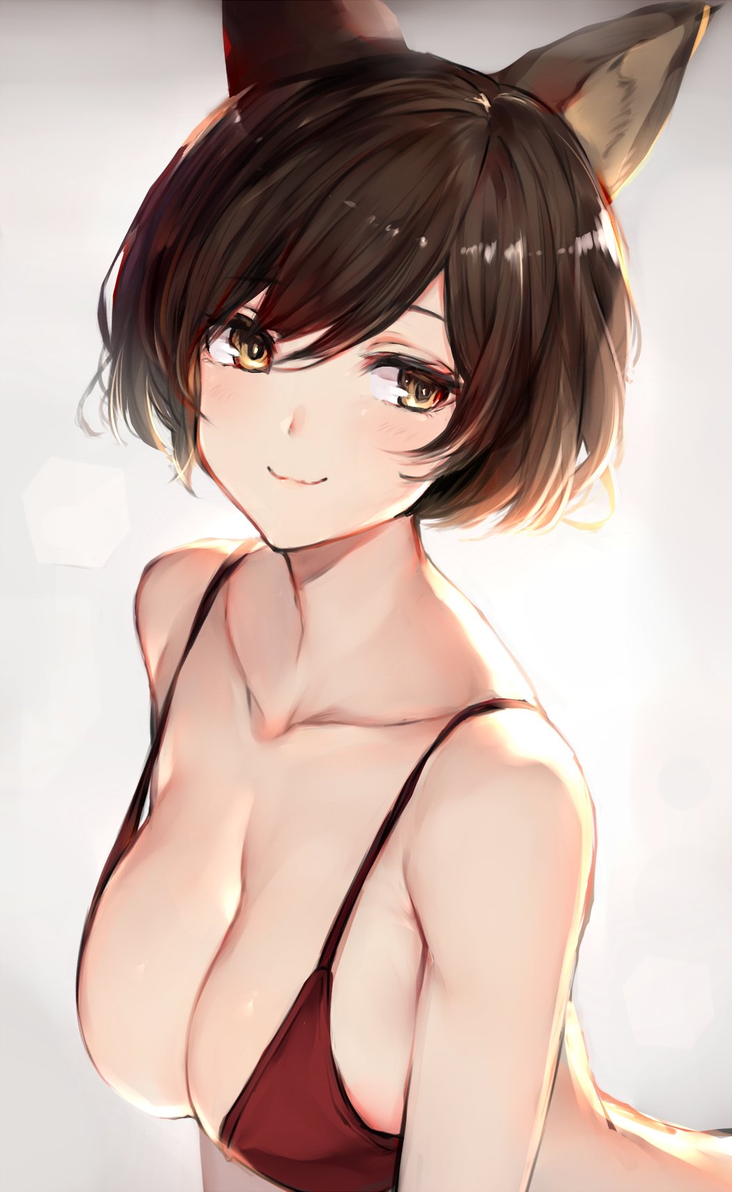 :3 animal_ears backlighting bra breasts bright_pupils brown_eyes brown_hair cleavage closed_mouth collarbone commentary_request grey_background highres large_breasts looking_away original oyu_(sijimisizimi) photo-referenced short_hair simple_background smile solo strap_gap underwear