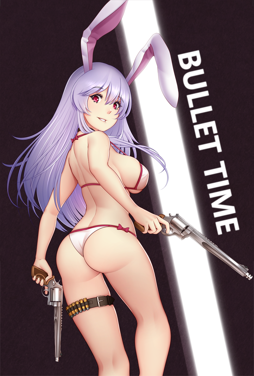 animal_ears ass back bangs bare_arms bare_back bare_legs bare_shoulders bikini biting breasts buckle bunny_ears cartridge dual_wielding english eyebrows_visible_through_hair from_behind gun hair_between_eyes halter_top halterneck handgun highres holding holding_gun holding_weapon killing_floor killing_floor_2 large_breasts leg_belt lip_biting long_hair looking_at_viewer looking_back mochi_(chain_csn) parted_lips purple_hair red_eyes reisen_udongein_inaba revolver s&amp;w_500 shell_casing side-tie_bikini sideboob smile solo standing strap_gap swimsuit thigh_strap touhou two-tone_background weapon white_bikini