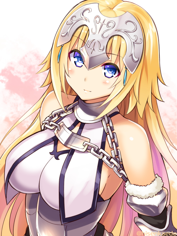 bare_shoulders blonde_hair blue_eyes blush breasts closed_mouth eyebrows_visible_through_hair fate/apocrypha fate/grand_order fate_(series) headpiece hisenkaede jeanne_d'arc_(fate) jeanne_d'arc_(fate)_(all) large_breasts long_hair looking_at_viewer smile solo twitter_username upper_body