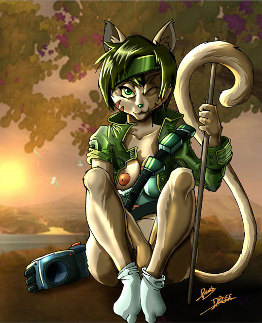 anthro beyond_good_and_evil breasts camera clothing feline h-yena_(artist) headband jacket jade_(disambiguation) ledge legwear mammal nipples one_eye_closed pole socks tree wink