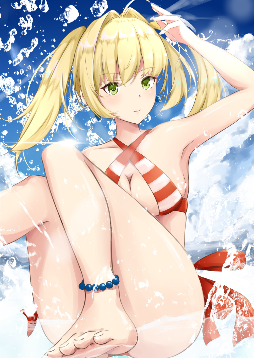 ass barefoot bikini blonde_hair breasts cleavage fate/grand_order fate_(series) feet green_eyes highres hoshimiya_mashiro large_breasts long_hair nero_claudius_(fate) nero_claudius_(fate)_(all) nero_claudius_(swimsuit_caster)_(fate) ocean solo striped striped_bikini striped_swimsuit swimsuit tied_hair toes twintails
