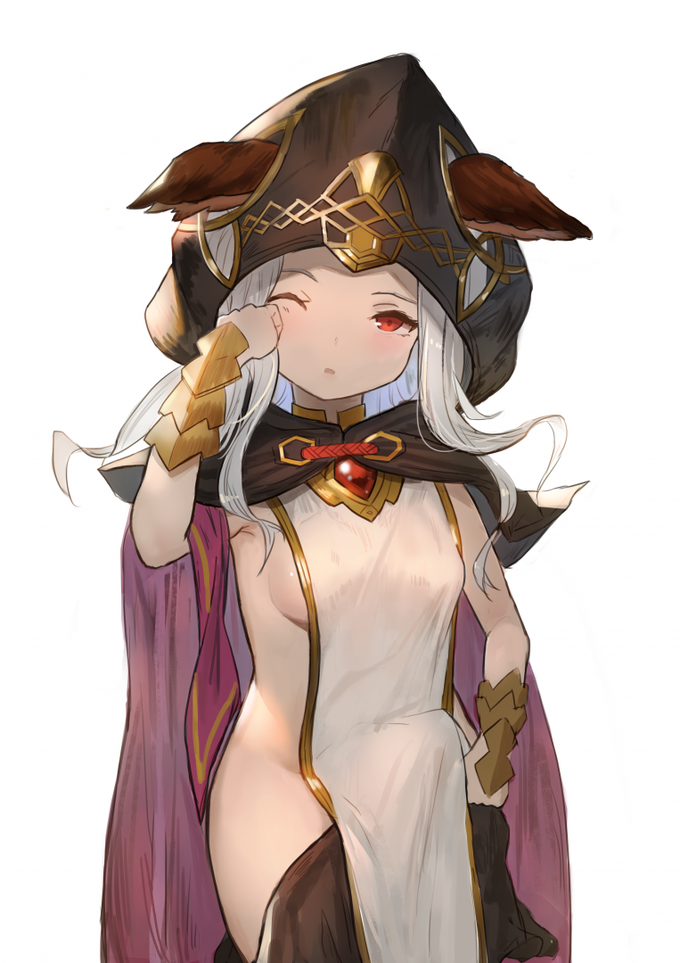 animal_ears bad_id bad_pixiv_id breasts ears_through_headwear erune granblue_fantasy hood looking_at_viewer medium_breasts one_eye_closed red_eyes reido_(reido_c) scathacha_(granblue_fantasy) sideboob simple_background sleepy solo standing white_background white_hair