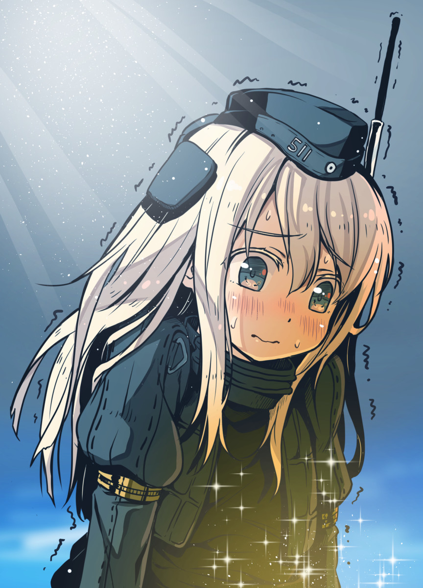 3: arms_at_sides blonde_hair blurry blush broiler closed_mouth colored_eyelashes commentary cropped_jacket depth_of_field eyebrows_visible_through_hair from_side garrison_cap hair_between_eyes hat highres kantai_collection light_beam long_hair long_sleeves military military_uniform nose_blush puffy_long_sleeves puffy_sleeves solo sparkle trembling u-511_(kantai_collection) uniform upper_body water