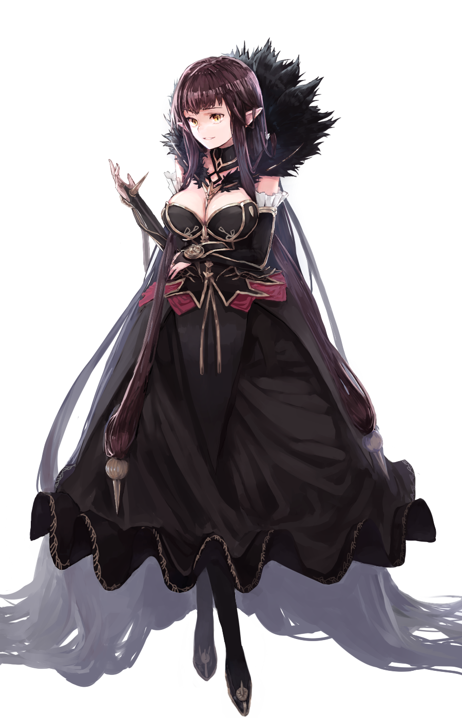 absurdly_long_hair black_dress black_hair breasts cleavage dress elbow_gloves fate/apocrypha fate_(series) full_body fur_trim gloves hair_ornament highres large_breasts long_hair pointy_ears raichi_(ryouraichi) semiramis_(fate) solo spiked_gloves very_long_hair yellow_eyes
