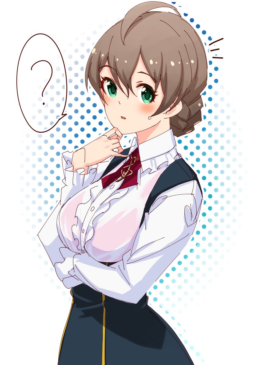 ? ahoge blush breasts commentary_request frilled_sleeves frills green_eyes gustav_(telomere_na) highres idolmaster idolmaster_million_live! idolmaster_million_live!_theater_days large_breasts light_brown_hair looking_at_viewer open_mouth sakuramori_kaori short_hair sketch solo spoken_question_mark tied_hair