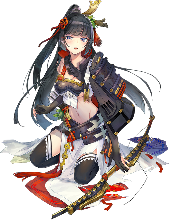 arrow azutarou black_hair black_legwear bow_(weapon) breasts broken broken_weapon cleavage elbow_gloves full_body gloves hair_ornament holding holding_arrow holding_bow_(weapon) holding_weapon iinoya_(oshiro_project) long_hair medium_breasts midriff mismatched_sleeves navel official_art oshiro_project oshiro_project_re partly_fingerless_gloves ponytail quiver seiza sitting solo thighhighs torn_clothes transparent_background very_long_hair weapon