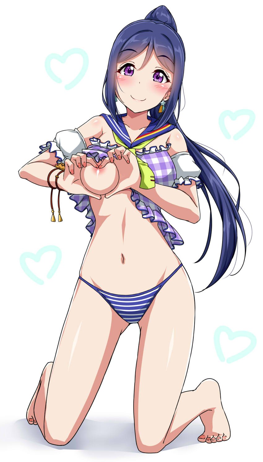 areolae barefoot bikini_bottom blue_hair blush bracelet breasts commentary_request detached_sleeves earrings frilled_sleeves frills head_tilt heart heart-shaped_boob_challenge highres jewelry kneeling long_hair long_ponytail looking_at_viewer love_live! love_live!_sunshine!! matsuura_kanan medium_breasts nail_polish navel neckerchief one_breast_out pink_nails ponytail purple_eyes sailor_collar shirt_lift short_sleeves simple_background smile solo striped_bikini_bottom tie_clip white_background yellow_neckwear yopparai_oni