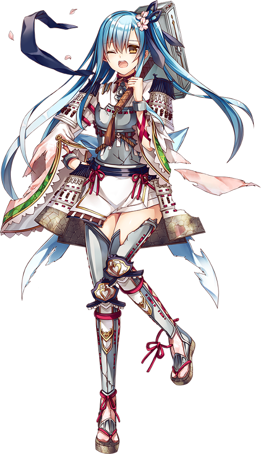 armor blue_hair breastplate d; flower full_body hair_flower hair_ornament hair_ribbon holding holding_mallet holding_weapon long_hair mallet official_art one_eye_closed open_mouth oshiro_project oshiro_project_re ribbon saijou_haruki torn_clothes transparent_background tsuyama_(oshiro_project) weapon yellow_eyes