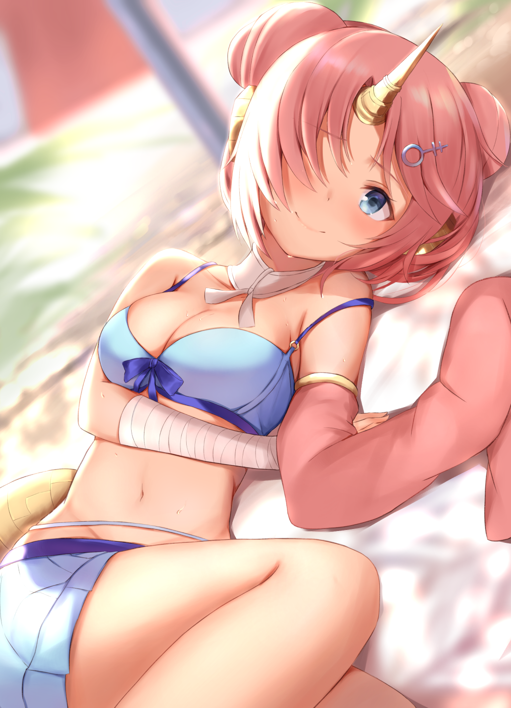 bandaged_arm bandages bare_shoulders beach beach_umbrella bikini bikini_skirt blue_bikini blue_bow blue_eyes blue_skirt bow bow_bikini breasts choker cleavage closed_mouth collarbone day detached_sleeves double_bun dutch_angle eyebrows_visible_through_hair fate/apocrypha fate/grand_order fate_(series) frankenstein's_monster_(fate) frankenstein's_monster_(swimsuit_saber)_(fate) groin hair_ornament hair_over_one_eye hairclip headgear highres horn long_sleeves lying maosame medium_breasts miniskirt navel on_back one_eye_covered outdoors pink_hair pleated_skirt single_detached_sleeve skirt sleeves_past_wrists small_breasts smile solo stomach sweat swimsuit umbrella upper_body white_choker