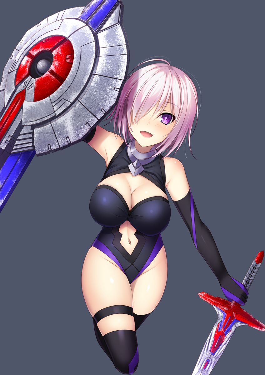 :d arm_at_side bangs bare_shoulders black_background black_gloves black_legwear black_leotard blush breasts cleavage cleavage_cutout collar elbow_gloves eyebrows_visible_through_hair eyelashes fate/grand_order fate_(series) full_body gloves groin hair_between_eyes hair_over_one_eye highres holding holding_sword holding_weapon large_breasts leotard looking_at_viewer mash_kyrielight navel navel_cutout open_mouth pink_hair purple_eyes purple_gloves shield shiny shiny_skin short_hair simple_background skindentation smile solo standing sword tareme thigh_strap thighhighs weapon yu-ta