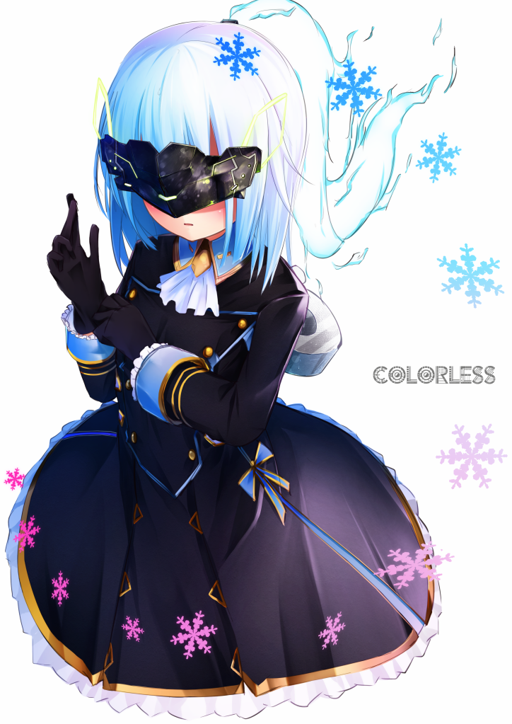 adjusting_clothes adjusting_gloves ascot black_dress black_gloves blue_fire blue_hair commentary_request dress english fire frilled_sleeves frills gloves hot_kakigoori long_sleeves no_legs original parted_lips phantasy_star phantasy_star_online_2 snowflakes solo visor white_background