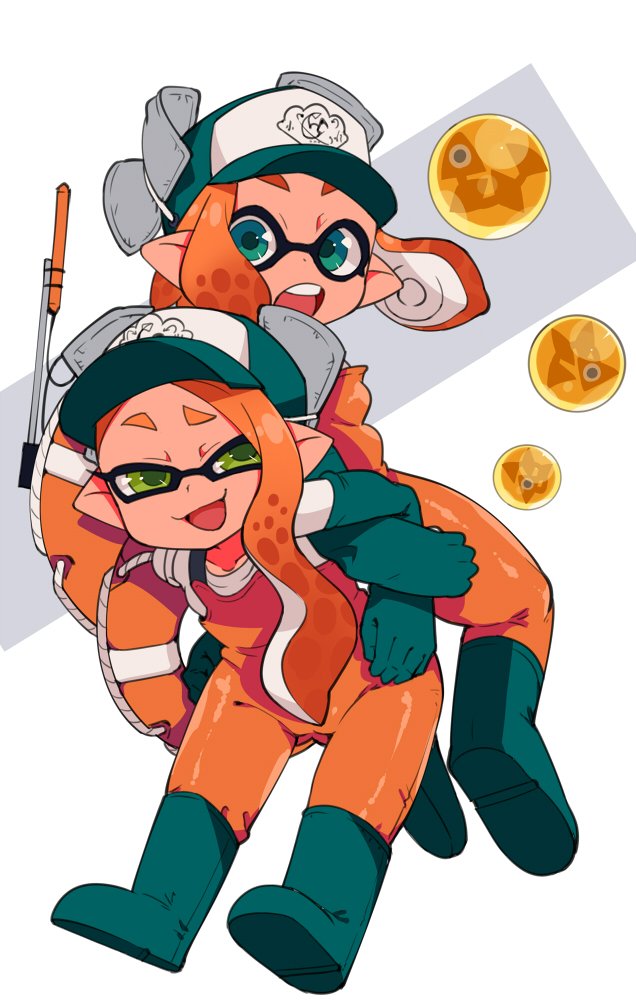 :d :o blue_eyes boots domino_mask elbow_gloves full_body gloves green_eyes half-closed_eyes hat inkling lifebuoy looking_at_viewer mask multiple_girls open_mouth orange_hair overalls pointy_ears rubber_boots rubber_gloves sakurai_energy salmon_run simple_background smile smug splat_charger_(splatoon) splatoon_(series) splatoon_2 teeth tentacle_hair weapon white_background
