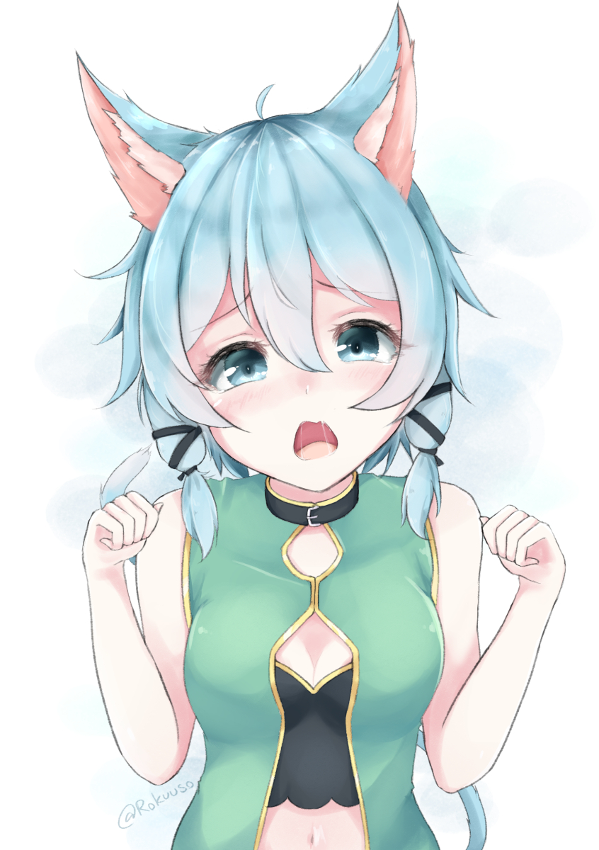 animal_ears artist_name blue_eyes blue_hair blush breasts cat_ears cat_tail cleavage collar eyebrows_visible_through_hair highres looking_at_viewer medium_breasts navel open_mouth rokuuso saliva sinon sinon_(sao-alo) solo sword_art_online tail twitter_username