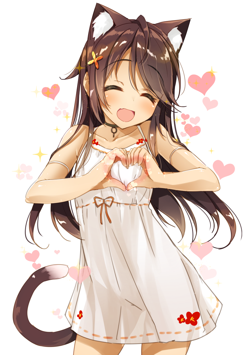 :d ^_^ animal_ears blush breasts brown_hair cat_ears cat_girl cat_tail choker closed_eyes cowboy_shot dress extra_ears facing_viewer fang garter_belt hair_ornament heart heart-shaped_boob_challenge heart_hands highres long_hair open_mouth original simple_background small_breasts smile solo tail white_background white_dress yanagi_yuu you're_doing_it_wrong