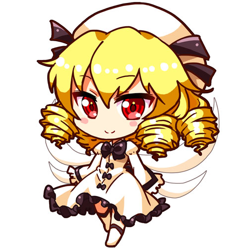beret black_bow blonde_hair blush_stickers bow bow_dress chibi commentary dress drill_hair eyebrows_visible_through_hair fairy_wings frilled_dress frills hair_between_eyes hat juliet_sleeves kneehighs long_sleeves looking_at_viewer lowres luna_child puffy_sleeves red_eyes renren_(ah_renren) simple_background sleeves_past_wrists smile solo standing standing_on_one_leg touhou tsurime white_background white_dress white_hat white_legwear wide_sleeves wings