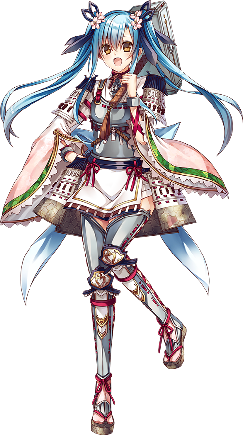 :d armor blue_hair breastplate flower full_body hair_flower hair_ornament hair_ribbon hand_on_hip holding holding_mallet holding_weapon long_hair mallet official_art open_mouth oshiro_project oshiro_project_re ribbon saijou_haruki smile thighhighs transparent_background tsuyama_(oshiro_project) twintails weapon yellow_eyes