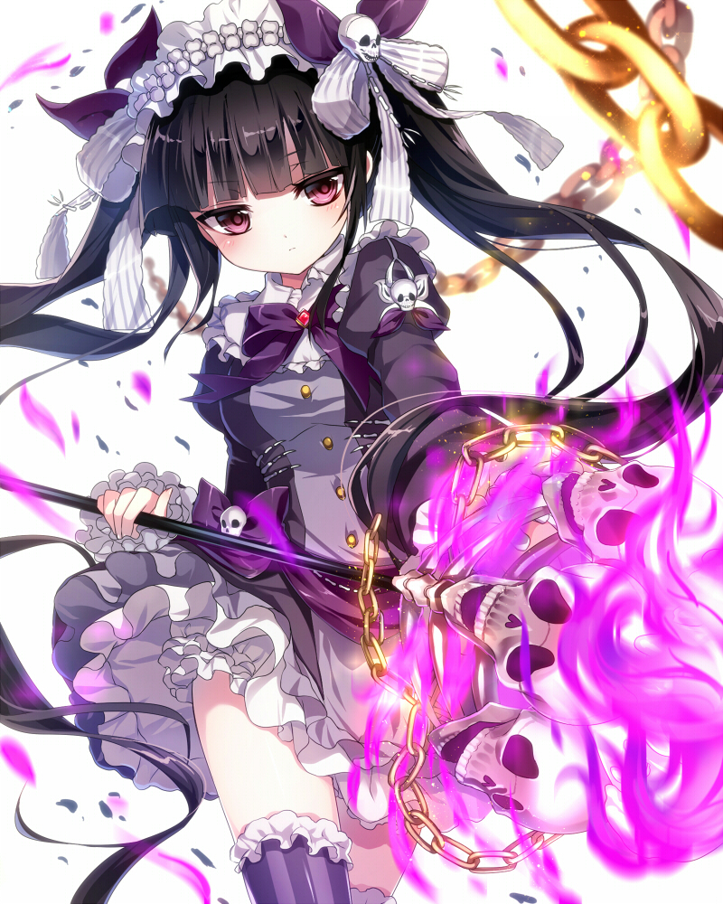 bangs black_hair bloomers blunt_bangs bow bowtie buttons chain closed_mouth commentary_request cranny_(shironeko_project) debris dress emia_(castilla) expressionless eyebrows_visible_through_hair floating_hair from_below gem glowing_staff gold_chain hair_ribbon holding holding_staff juliet_sleeves legs_together long_hair long_sleeves looking_at_viewer magic pink_eyes puffy_sleeves purple_bow purple_dress purple_legwear purple_neckwear purple_ribbon ribbon shiny shiny_hair shironeko_project short_dress simple_background skull solo staff standing striped striped_legwear striped_ribbon thighhighs twintails underwear vertical-striped_legwear vertical_stripes very_long_hair white_background white_ribbon zettai_ryouiki