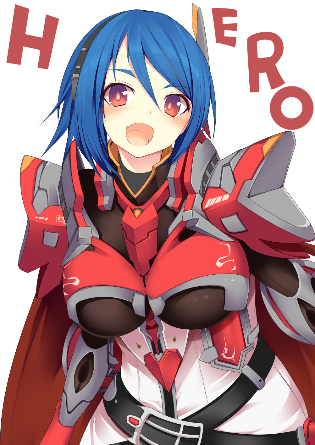 alternate_breast_size armor belt blue_hair blush breasts check_commentary commentary_request fang headband highres large_breasts looking_at_viewer open_mouth pauldrons phantasy_star phantasy_star_online_2 red_eyes short_hair smile solo stratos_(pso2) sukage upper_body