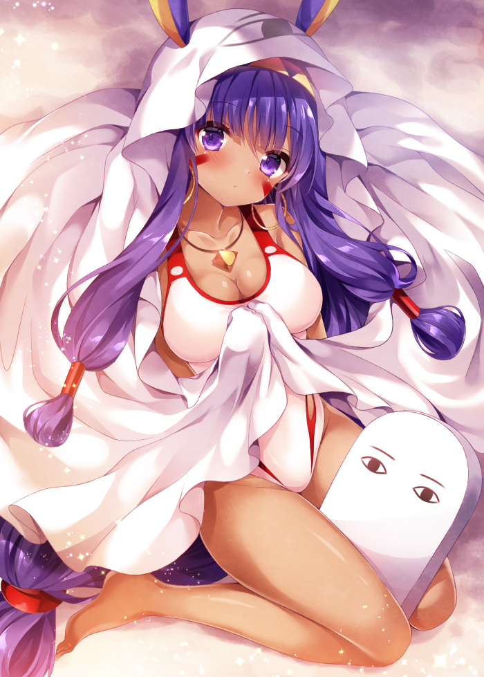 &lt;o&gt;_&lt;o&gt; animal_ears bangs bare_legs bare_shoulders barefoot bed_sheet blush breasts cleavage closed_mouth collarbone commentary competition_swimsuit dark_skin earrings eyebrows_visible_through_hair facial_mark fate/grand_order fate_(series) from_above full_body hair_tubes hairband hands_together head_tilt hoop_earrings jackal_ears jewelry kickboard large_breasts long_hair looking_at_viewer low-tied_long_hair necklace nitocris_(fate/grand_order) nitocris_(swimsuit_assassin)_(fate) nogi_takayoshi one-piece_swimsuit pendant purple_eyes purple_hair shiny shiny_hair shiny_skin sidelocks sitting solo sparkle swimsuit very_long_hair white_swimsuit yellow_hairband