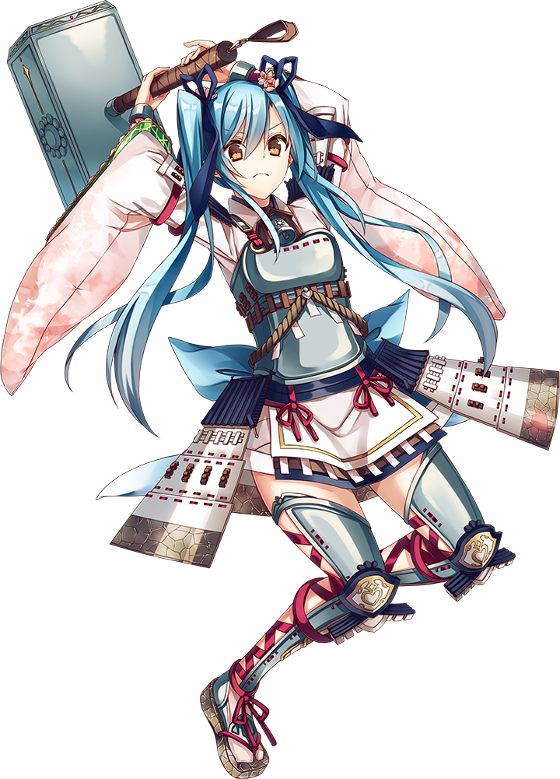 &gt;:( armor blue_hair breastplate flower frown full_body hair_flower hair_ornament hair_ribbon holding holding_mallet holding_weapon long_hair mallet official_art oshiro_project oshiro_project_re ribbon saijou_haruki transparent_background tsuyama_(oshiro_project) twintails v-shaped_eyebrows weapon yellow_eyes